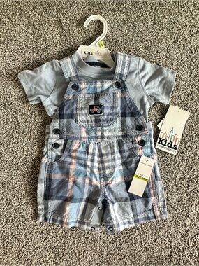 NWT Kids Headquarters Blue Plaid Shortall with Truck Patch 3-6m